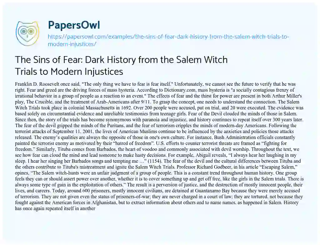 Essay on The Sins of Fear: Dark History from the Salem Witch Trials to Modern Injustices