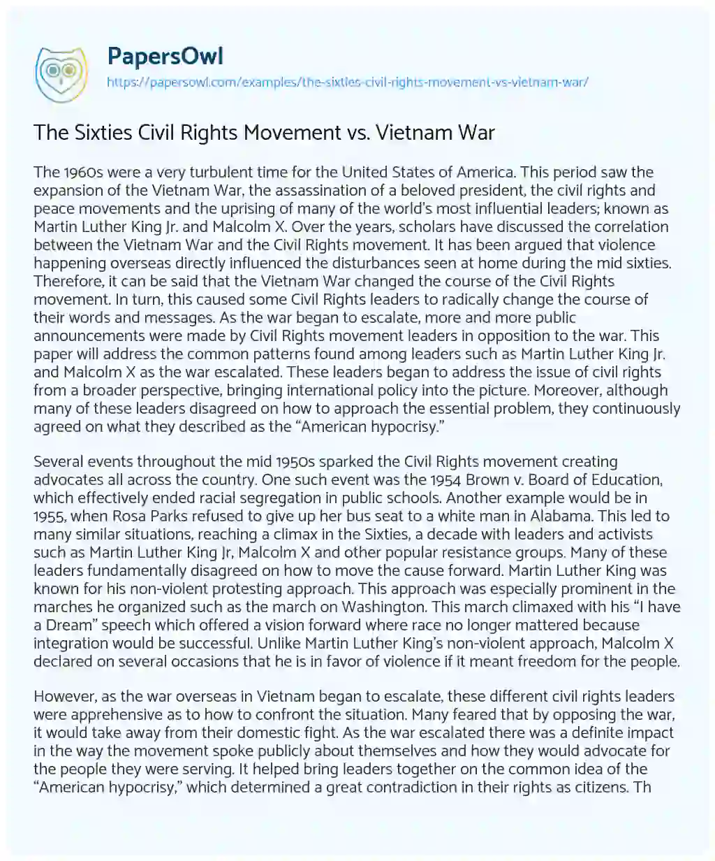 The Sixties Civil Rights Movement Vs. Vietnam War essay