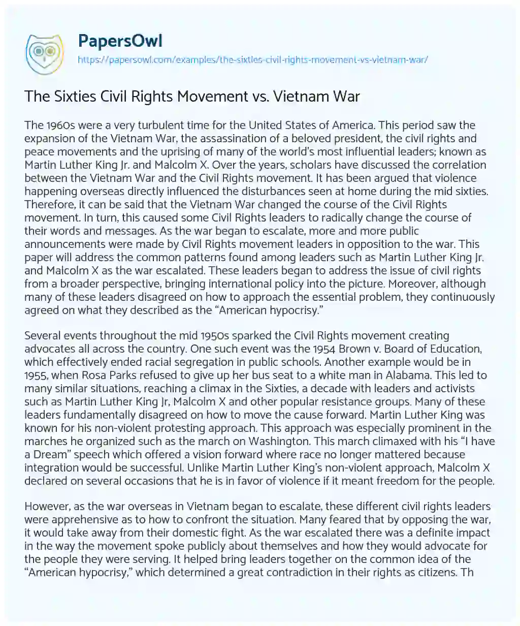 Essay on The Sixties Civil Rights Movement Vs. Vietnam War