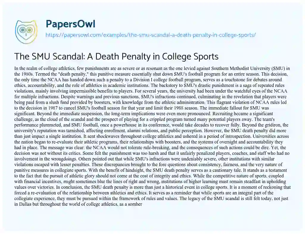 Essay on The SMU Scandal: a Death Penalty in College Sports