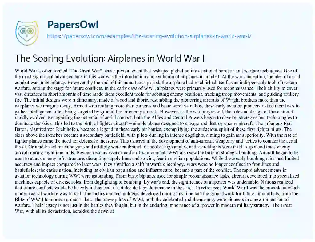 Essay on The Soaring Evolution: Airplanes in World War i