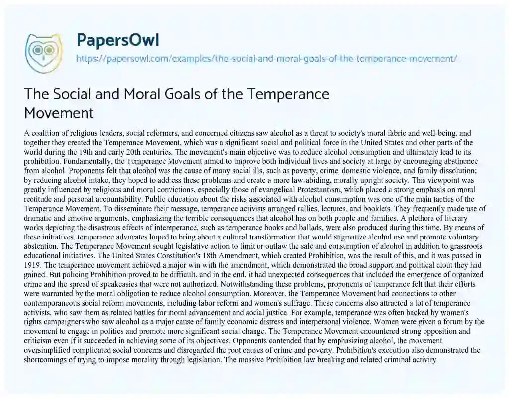 Essay on The Social and Moral Goals of the Temperance Movement