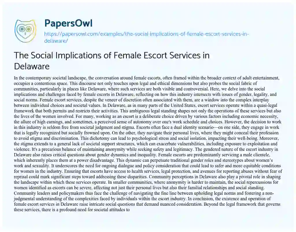 Essay on The Social Implications of Female Escort Services in Delaware
