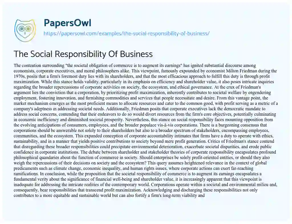 Essay on The Social Responsibility of Business