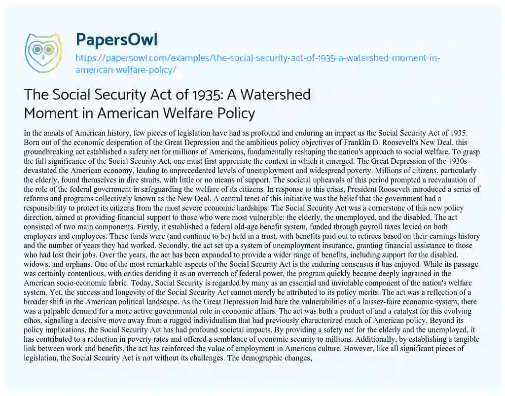 Essay on The Social Security Act of 1935: a Watershed Moment in American Welfare Policy