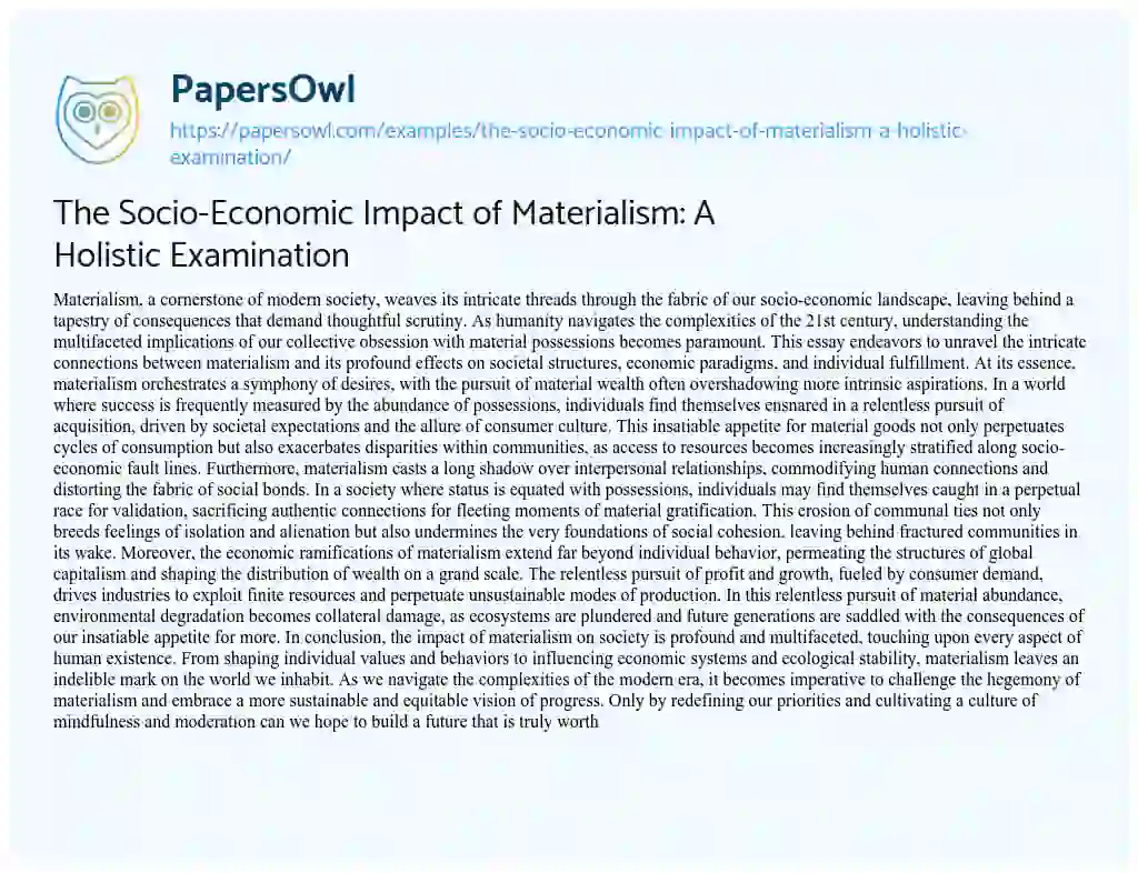 Essay on The Socio-Economic Impact of Materialism: a Holistic Examination