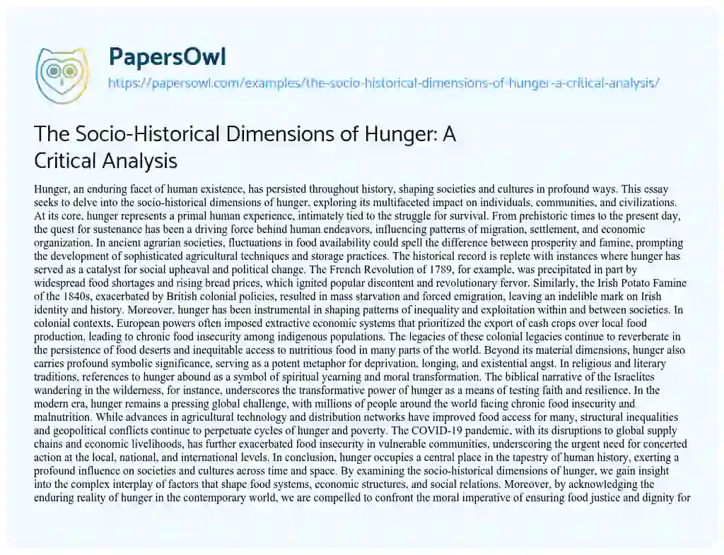 Essay on The Socio-Historical Dimensions of Hunger: a Critical Analysis