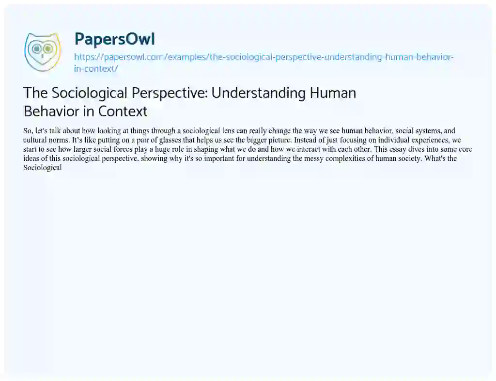 Essay on The Sociological Perspective: Understanding Human Behavior in Context