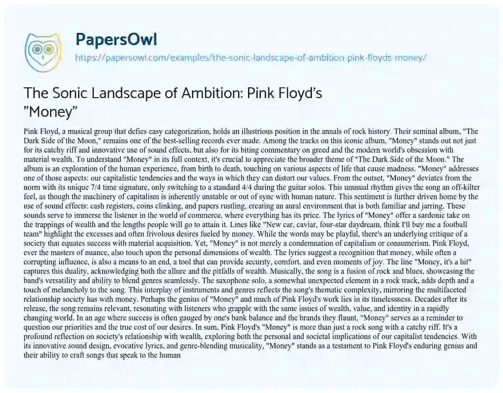 Essay on The Sonic Landscape of Ambition: Pink Floyd’s “Money”