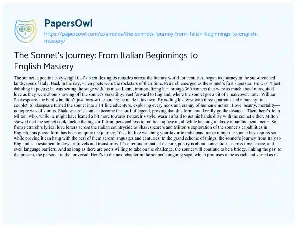 Essay on The Sonnet’s Journey: from Italian Beginnings to English Mastery
