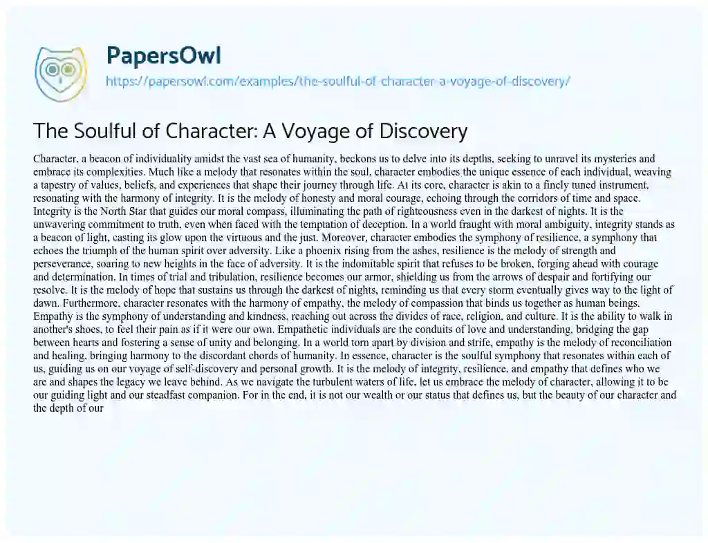 Essay on The Soulful of Character: a Voyage of Discovery