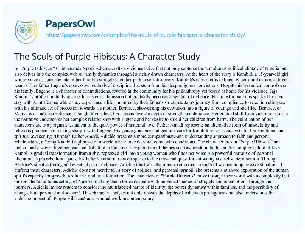 Essay on The Souls of Purple Hibiscus: a Character Study