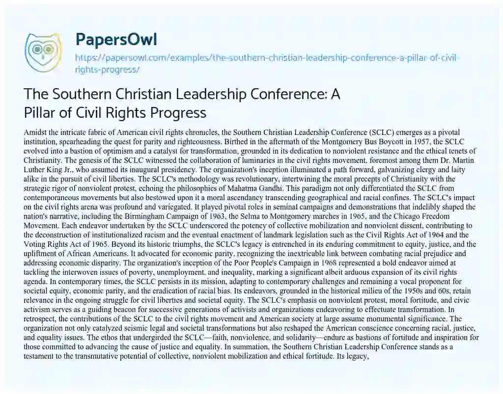 Essay on The Southern Christian Leadership Conference: a Pillar of Civil Rights Progress