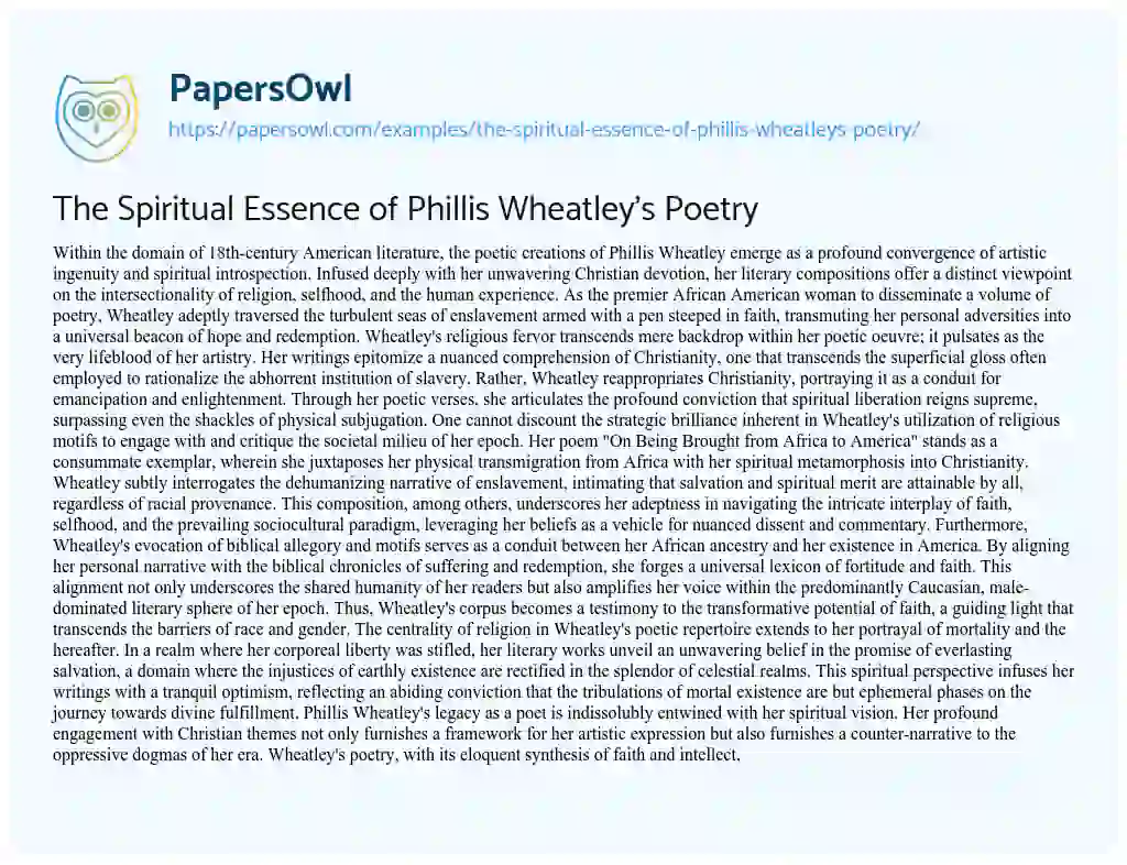 Essay on The Spiritual Essence of Phillis Wheatley’s Poetry