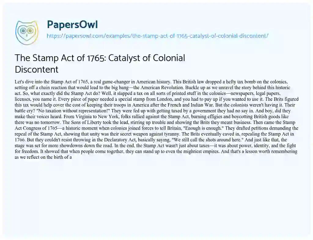 Essay on The Stamp Act of 1765: Catalyst of Colonial Discontent