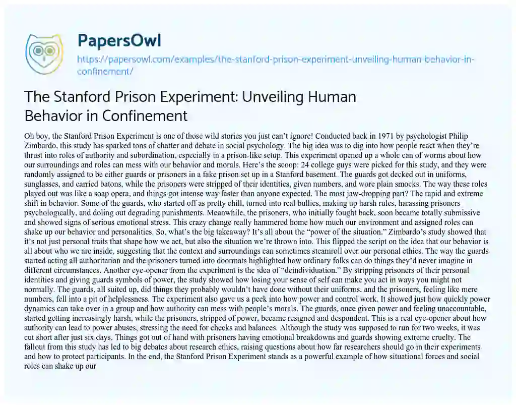 Essay on The Stanford Prison Experiment: Unveiling Human Behavior in Confinement