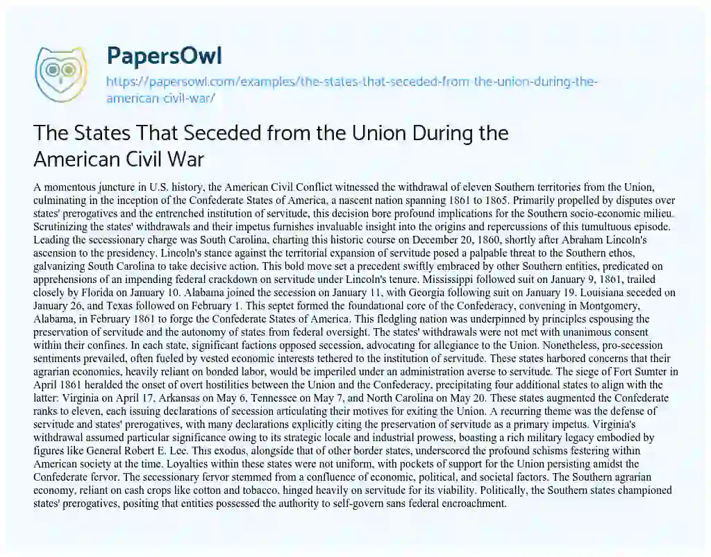 Essay on The States that Seceded from the Union during the American Civil War