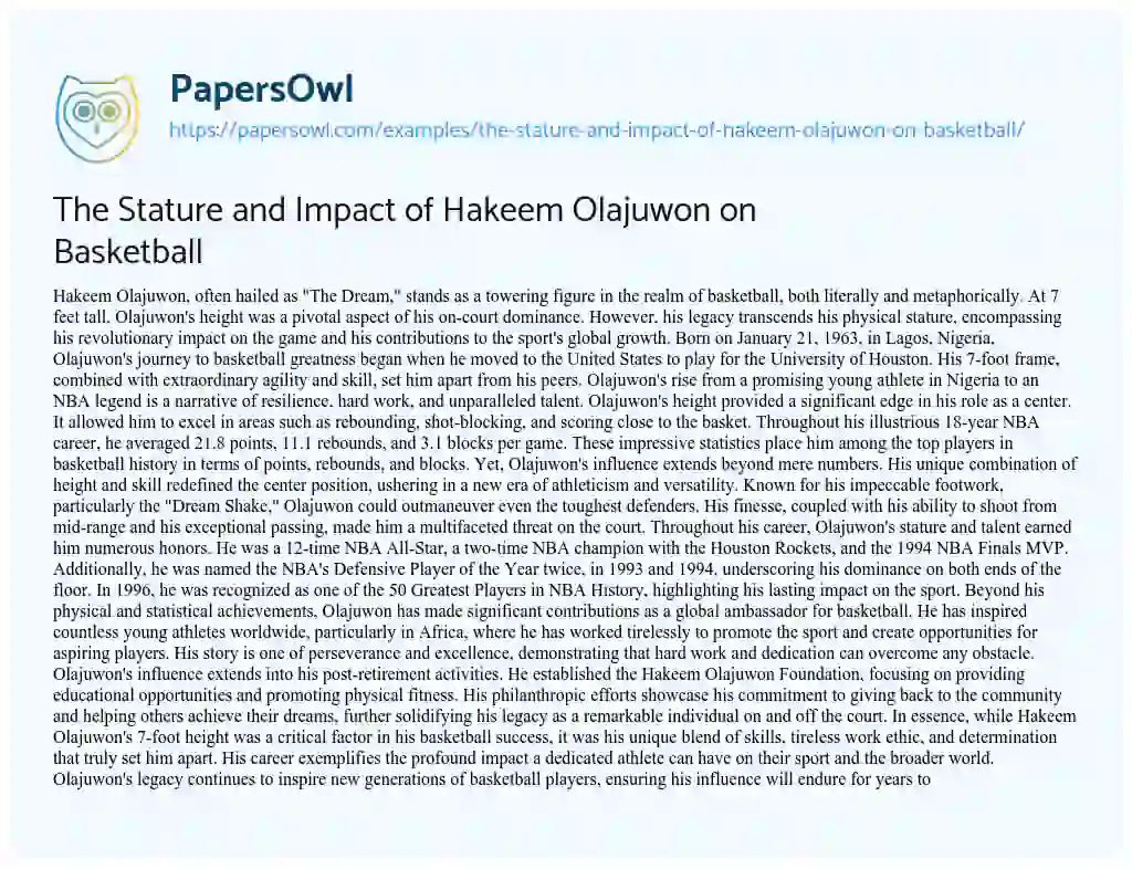 Essay on The Stature and Impact of Hakeem Olajuwon on Basketball