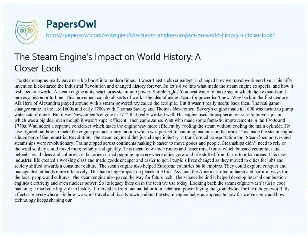 Essay on The Steam Engine’s Impact on World History: a Closer Look