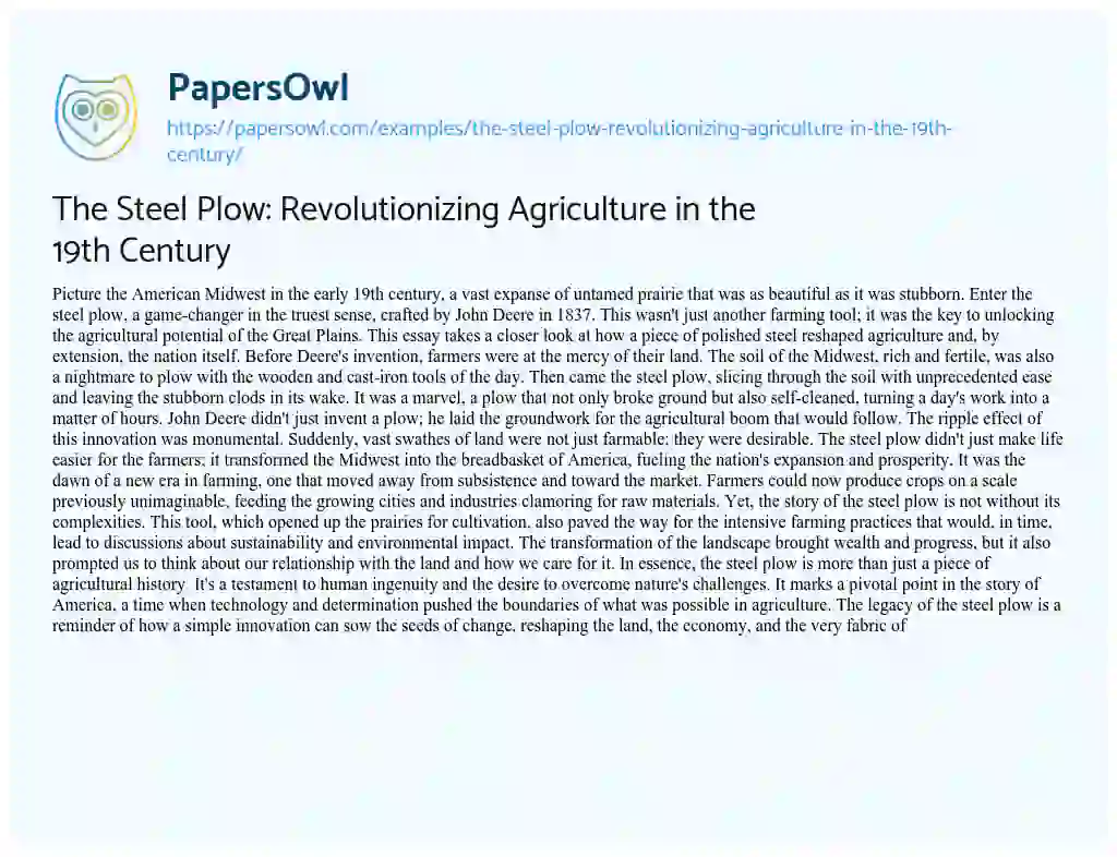 Essay on The Steel Plow: Revolutionizing Agriculture in the 19th Century