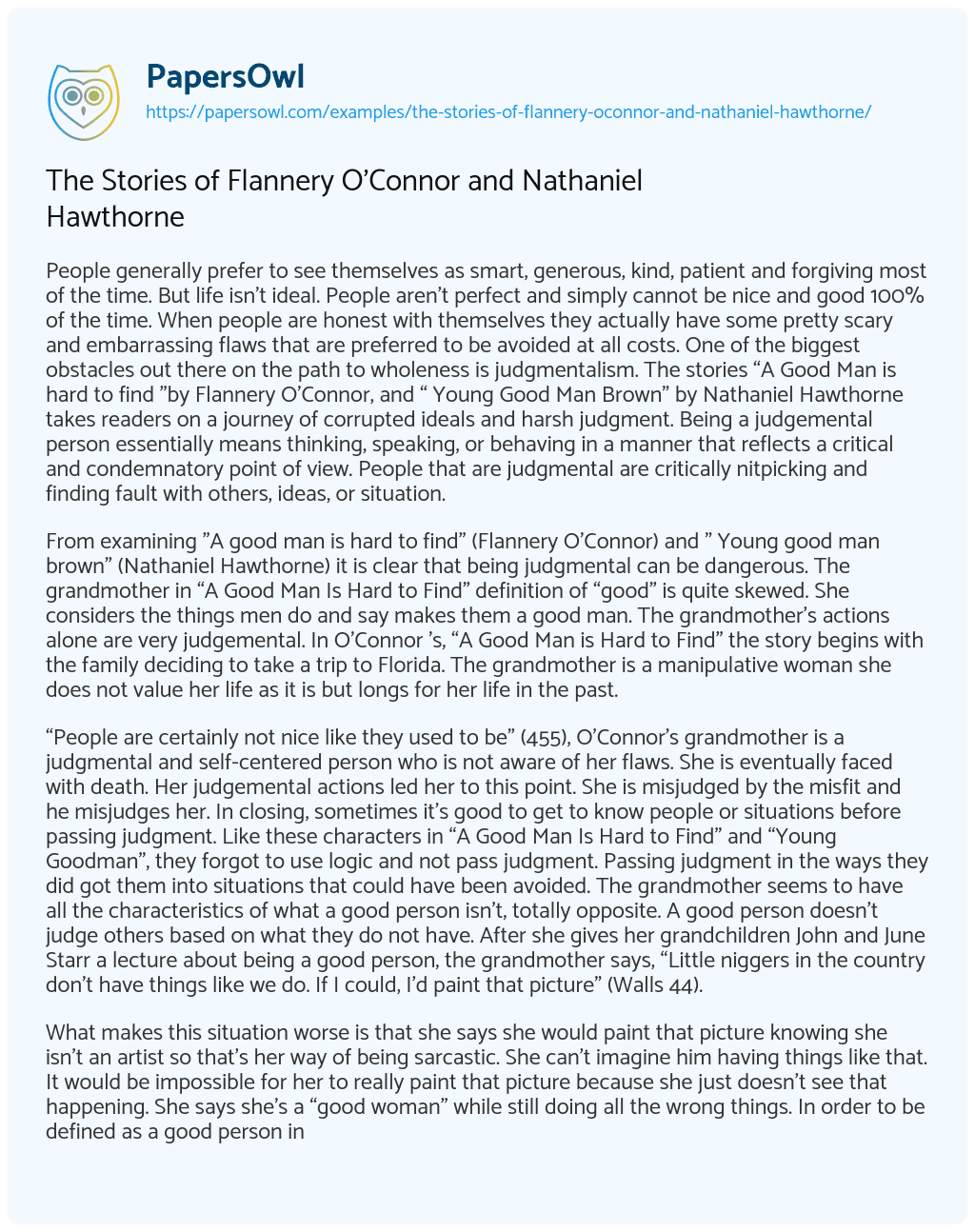 The Stories of Flannery O’Connor and Nathaniel Hawthorne The Stories of Flannery O’Connor and Nathaniel Hawthorne essay