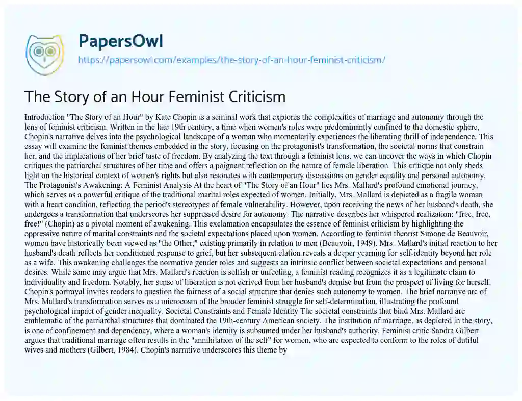 Essay on The Story of an Hour Feminist Criticism
