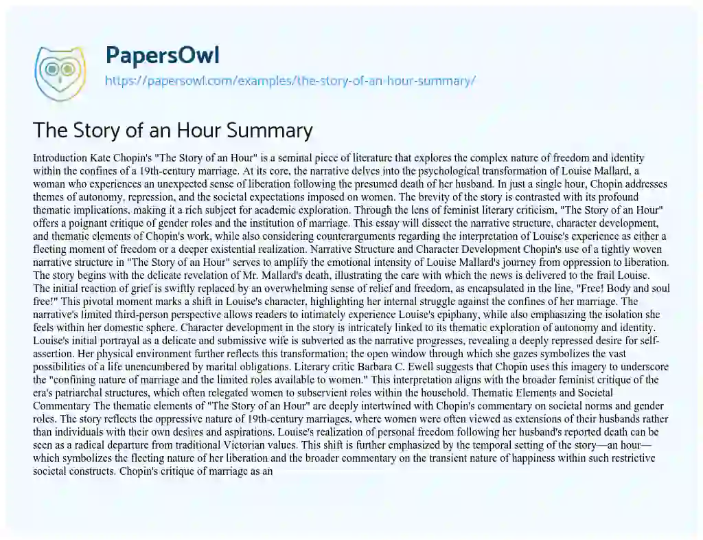 Essay on The Story of an Hour Summary