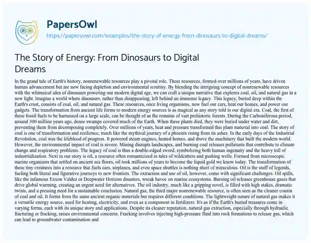 Essay on The Story of Energy: from Dinosaurs to Digital Dreams