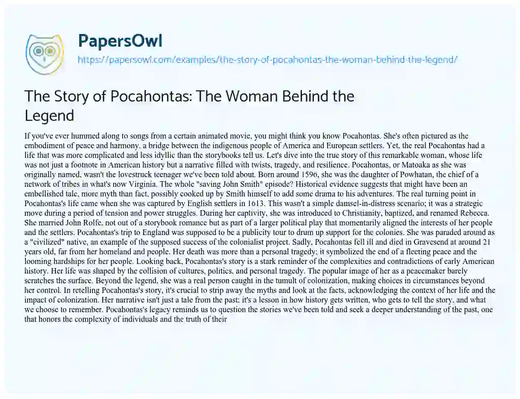 Essay on The Story of Pocahontas: the Woman Behind the Legend