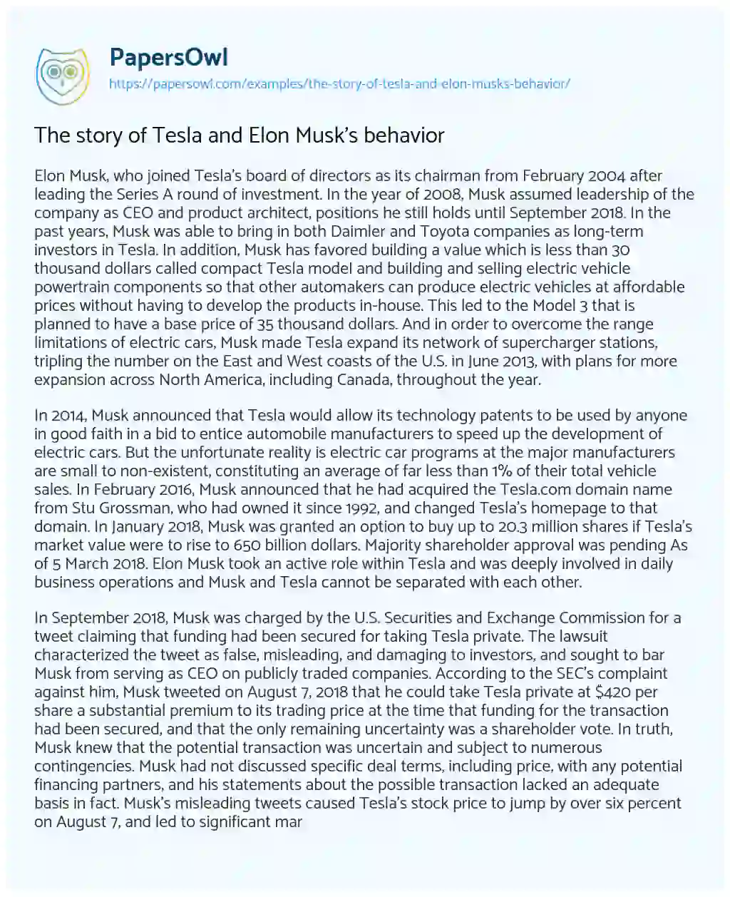 The Story of Tesla and Elon Musk’s Behavior essay