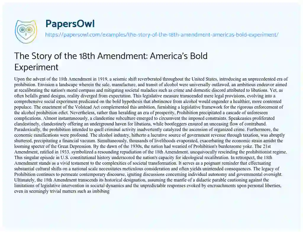 Essay on The Story of the 18th Amendment: America’s Bold Experiment