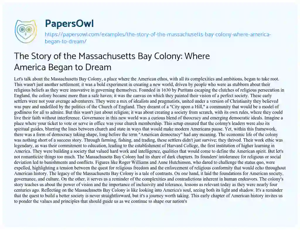 Essay on The Story of the Massachusetts Bay Colony: where America Began to Dream