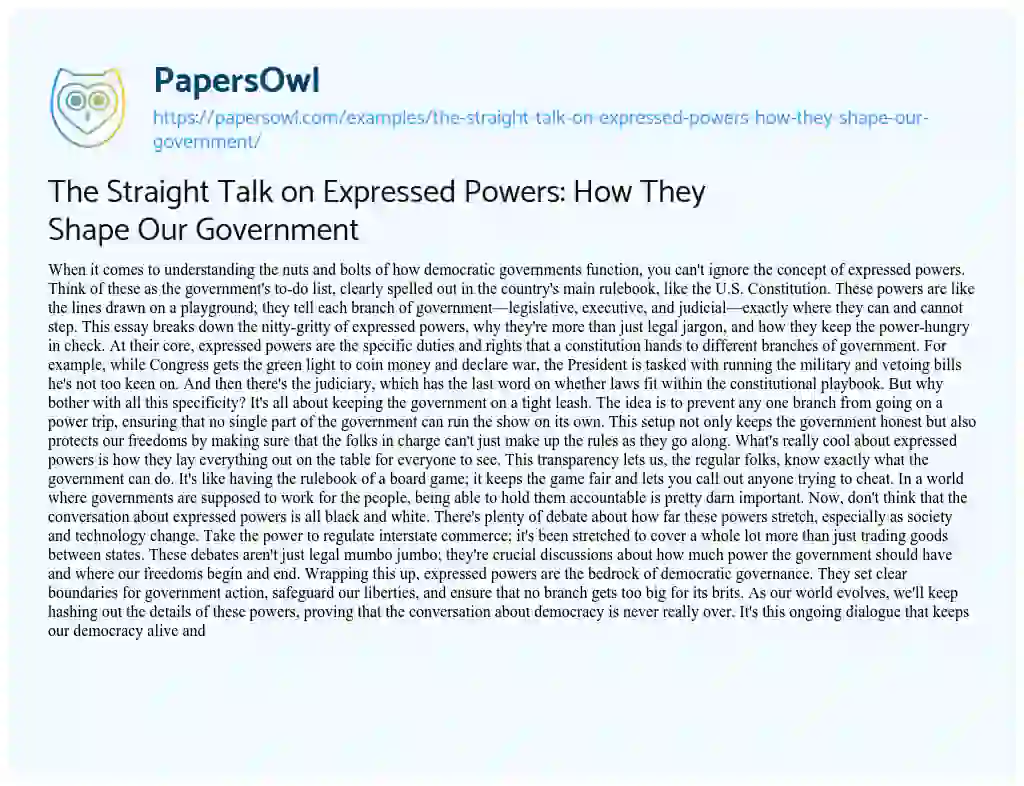 Essay on The Straight Talk on Expressed Powers: how they Shape our Government