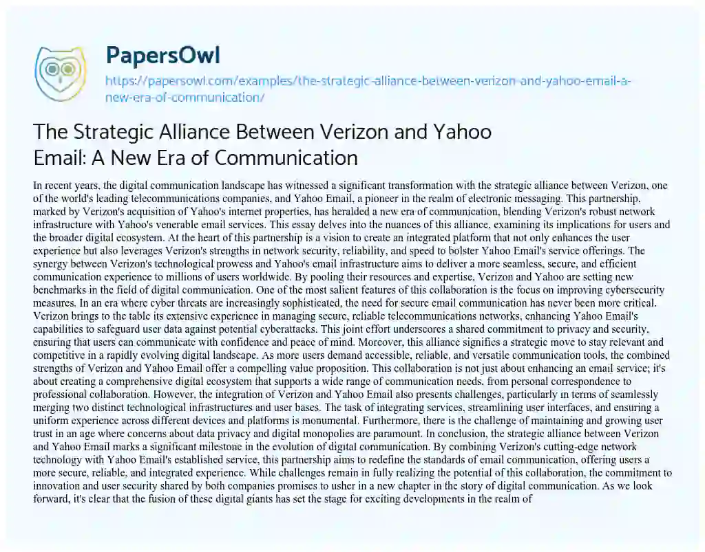 Essay on The Strategic Alliance between Verizon and Yahoo Email: a New Era of Communication