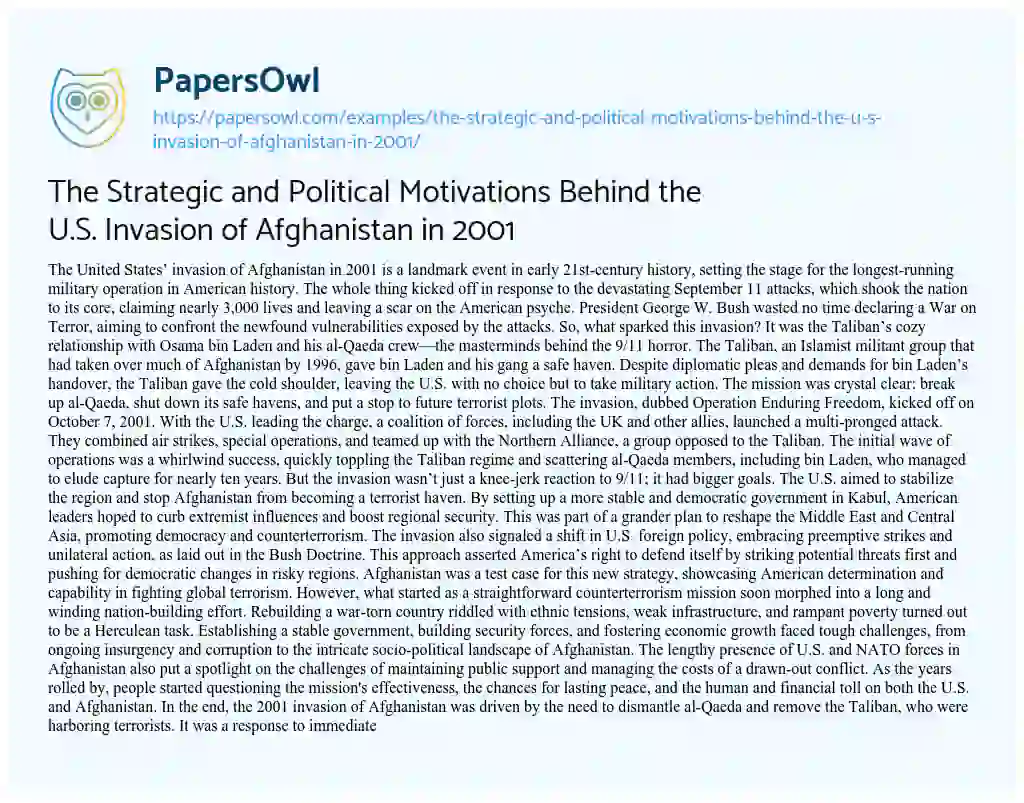 Essay on The Strategic and Political Motivations Behind the U.S. Invasion of Afghanistan in 2001