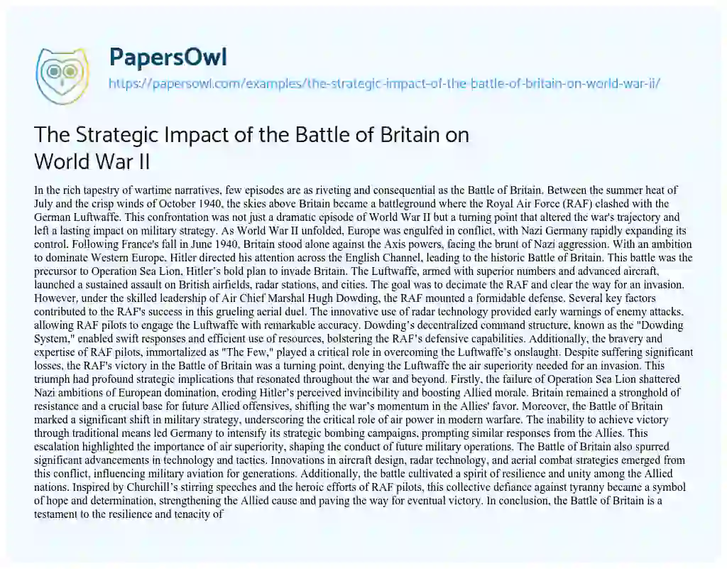 Essay on The Strategic Impact of the Battle of Britain on World War II