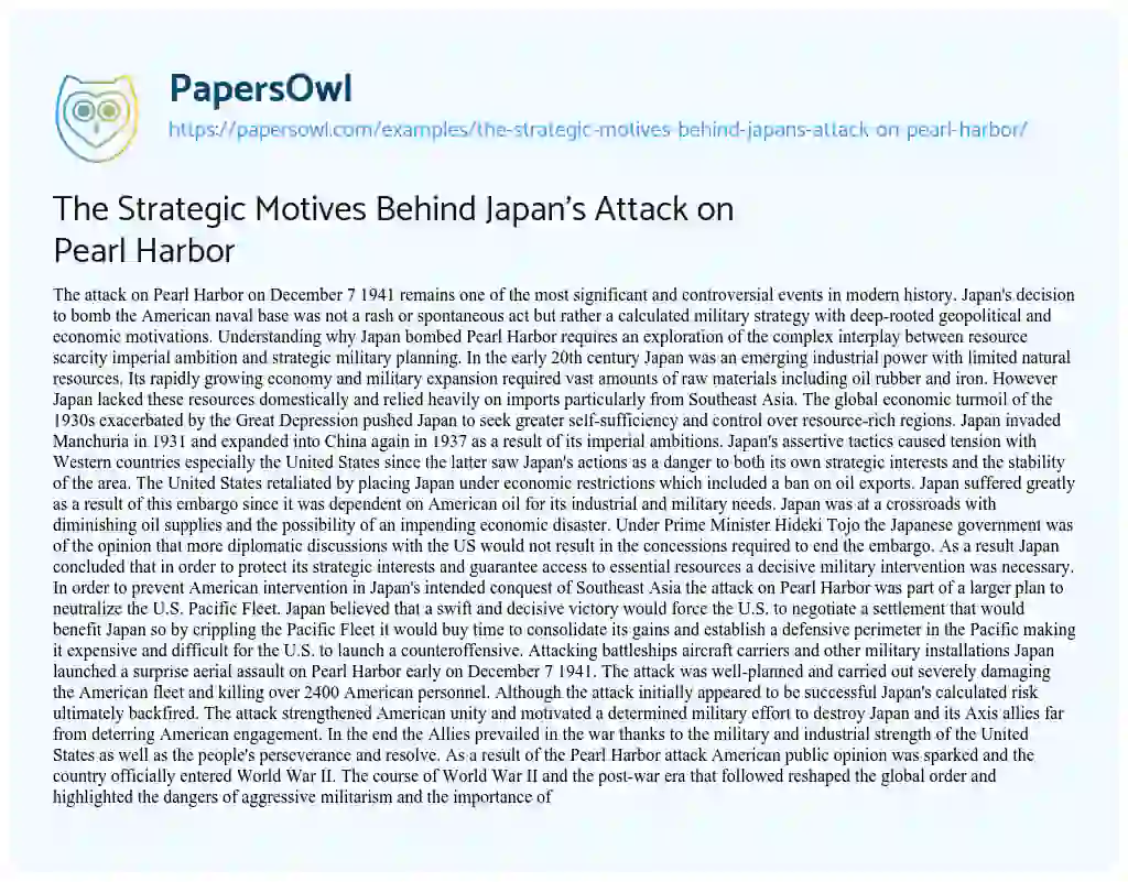 Essay on The Strategic Motives Behind Japan’s Attack on Pearl Harbor