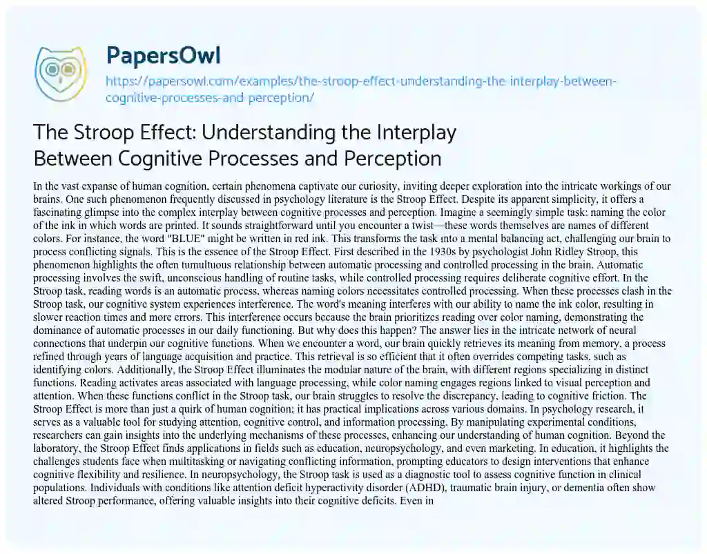 Essay on The Stroop Effect: Understanding the Interplay Between Cognitive Processes and Perception