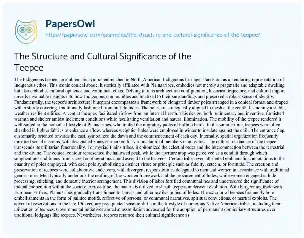 Essay on The Structure and Cultural Significance of the Teepee