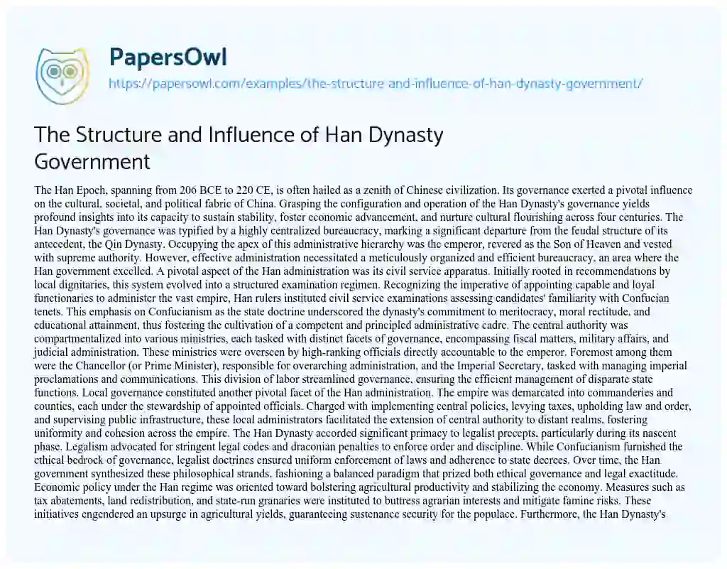 Essay on The Structure and Influence of Han Dynasty Government