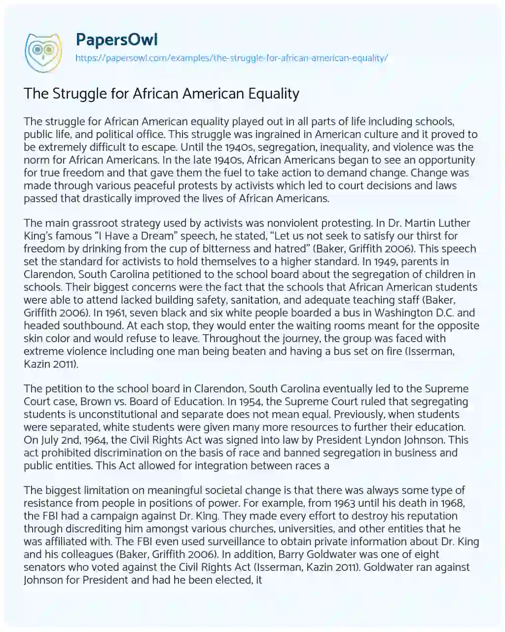 Essay on The Struggle for African American Equality