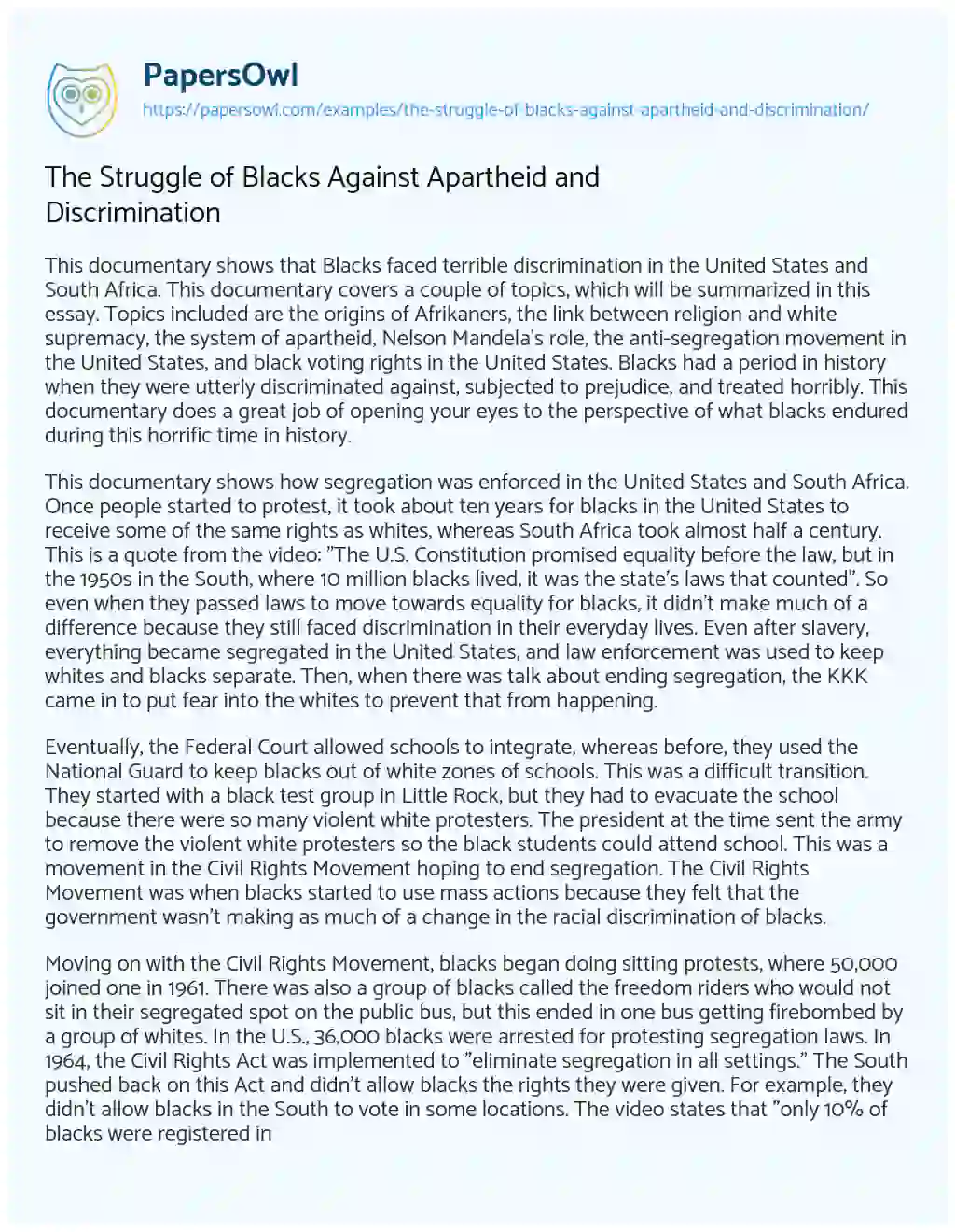 Essay on The Struggle of Blacks against Apartheid and Discrimination
