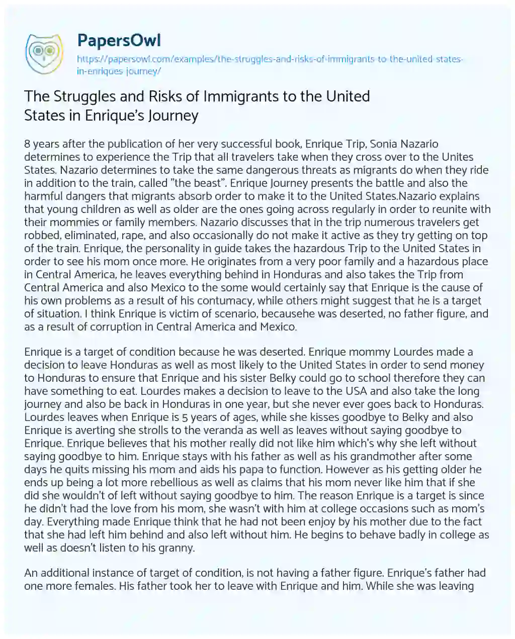 Essay on The Struggles and Risks of Immigrants to the United States in Enrique’s Journey