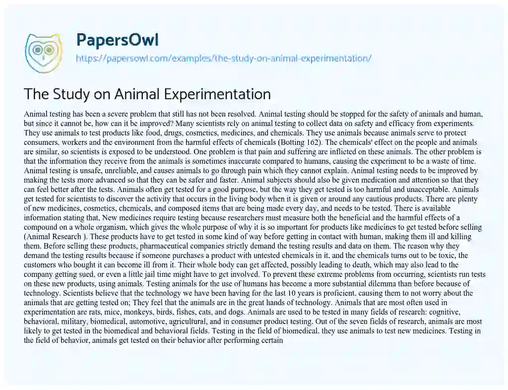 Essay on The Study on Animal Experimentation