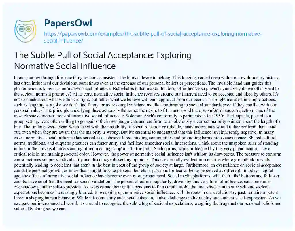 Essay on The Subtle Pull of Social Acceptance: Exploring Normative Social Influence
