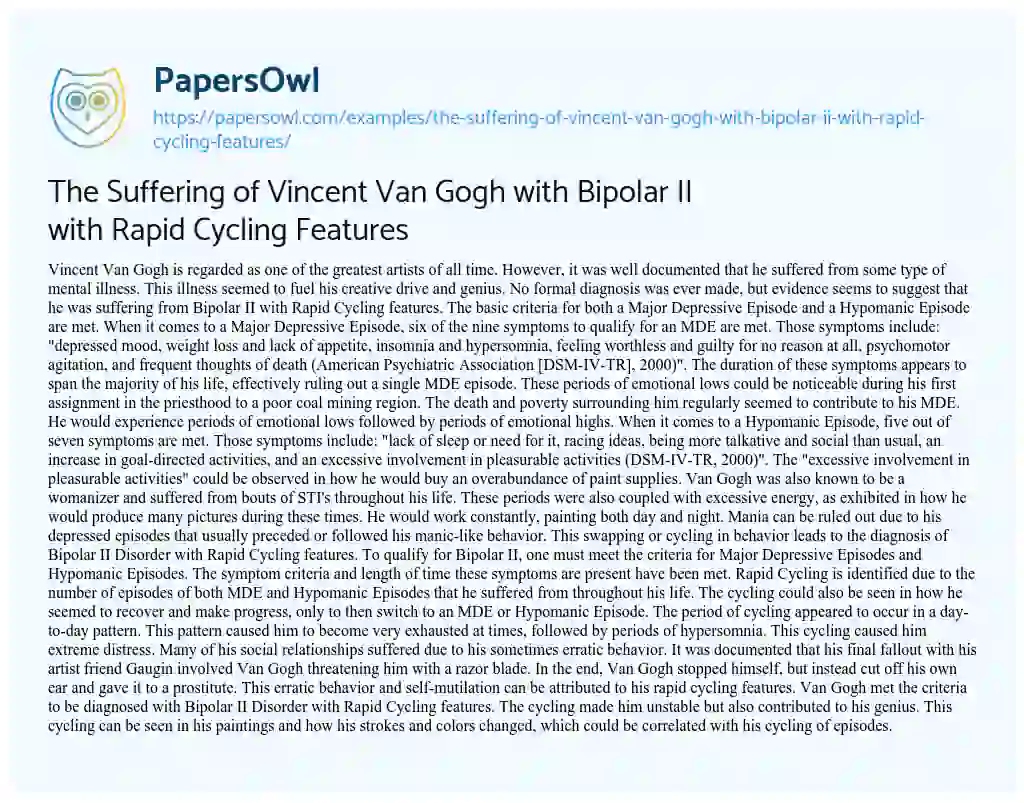 Essay on The Suffering of Vincent Van Gogh with Bipolar II with Rapid Cycling Features