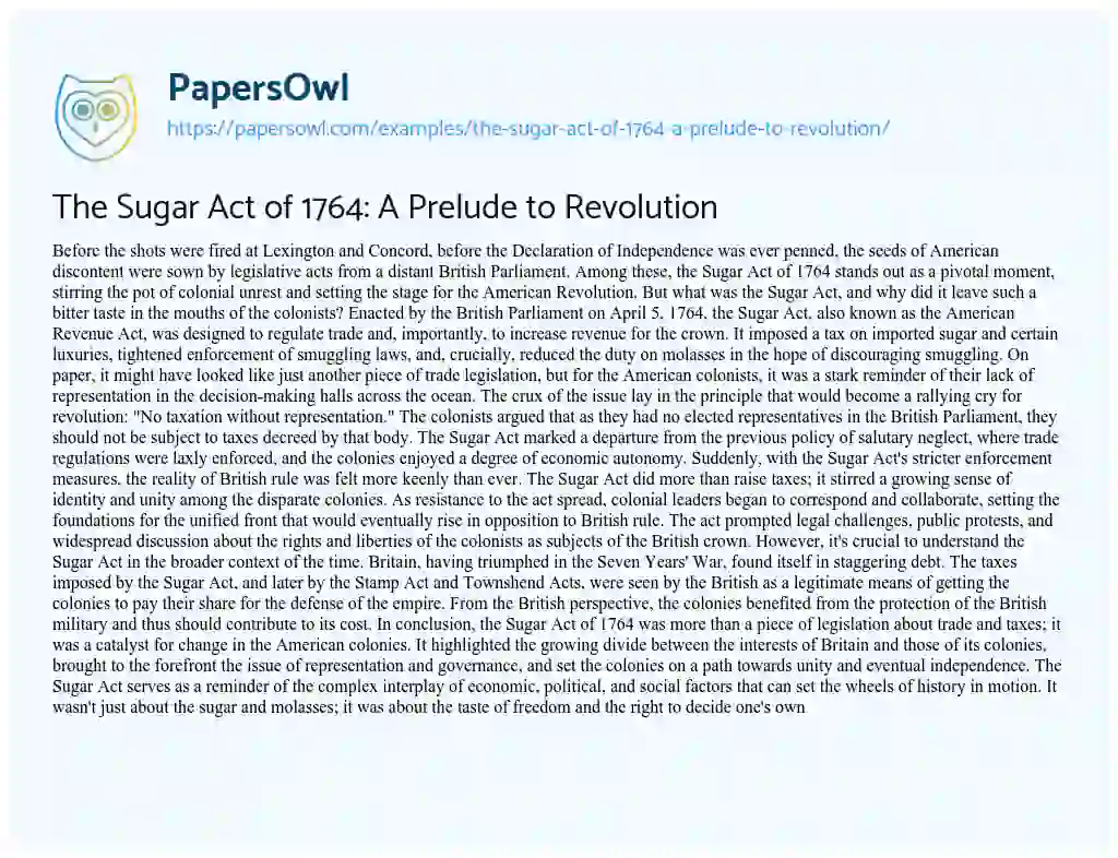 Essay on The Sugar Act of 1764: a Prelude to Revolution