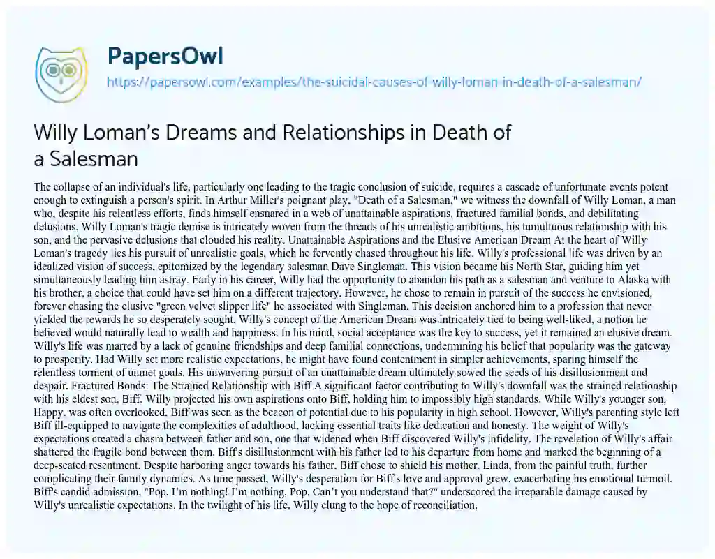 Essay on The Suicidal Causes of Willy Loman in Death of a Salesman