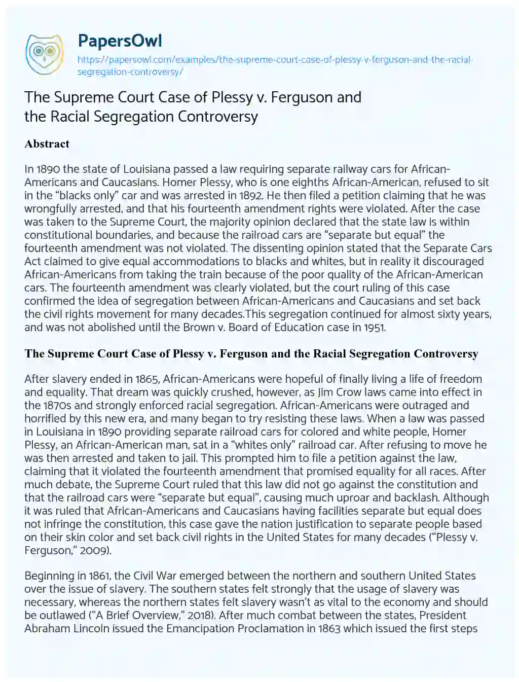 Essay on The Supreme Court Case of Plessy V. Ferguson and the Racial Segregation Controversy