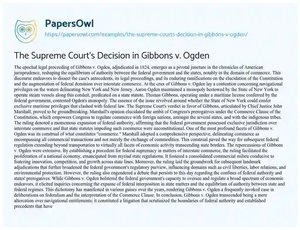 Essay on The Supreme Court’s Decision in Gibbons V. Ogden